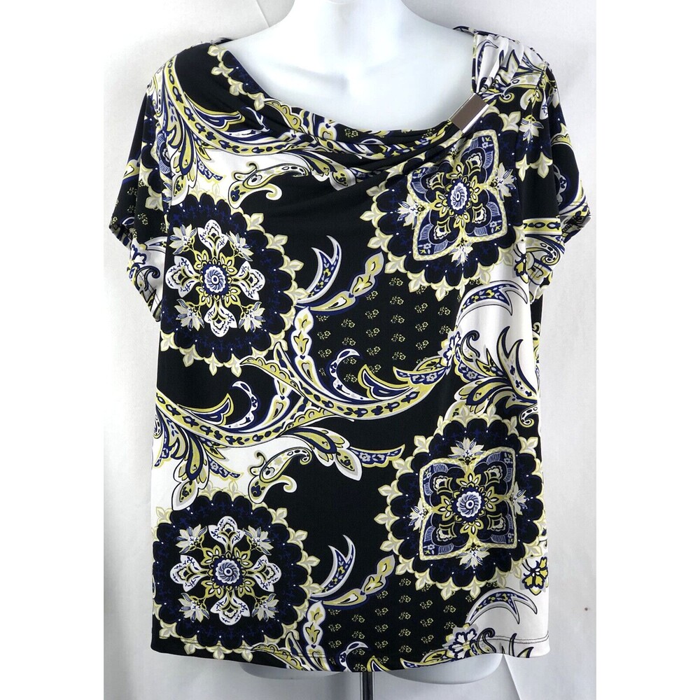212 BabyDoll Top L Black/yellow Mod Art Abstract Cowl Neck Short Sleeve Boho